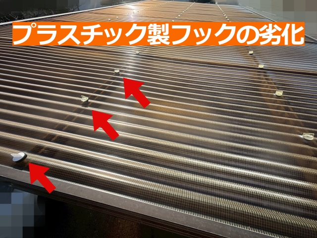 波板を固定しているプラスチック製フックの劣化や変形が見られ、固定力の低下が懸念されます